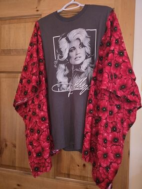 Dolly Parton Graphic Gray Tee with Red Floral Kimono Sleeve Overlay